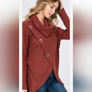 CY Fashions Burnt Orange Oversize Overlapping Long Sleeve Knit Sweater Buttons